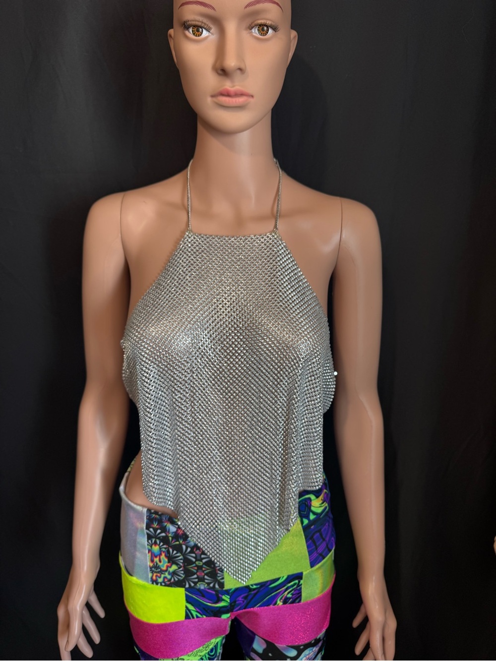 Silver Chainmail Halter Top - Women's Metallic Festival Crop
